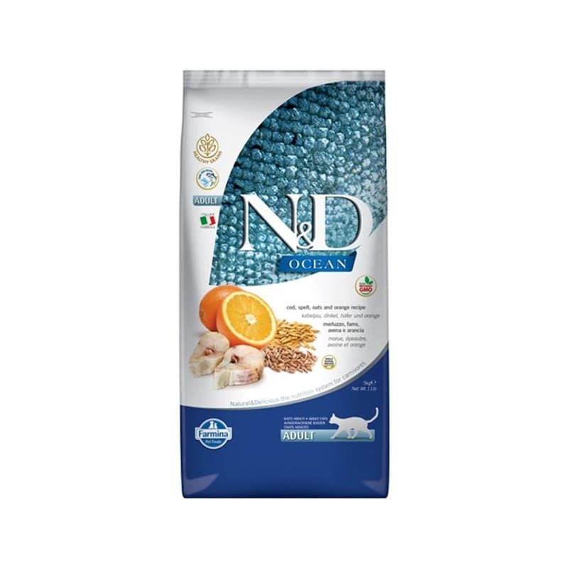 N&D Ocean Düşük Tahıllı Morina Balığı ve Portakal Kedi Maması paket görseli