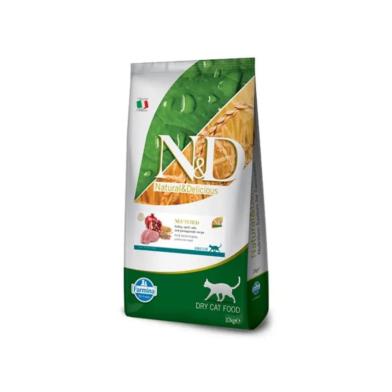 N&D Düşük Tahıllı Hindi ve Nar Kısırlaştırılmış Kedi Maması paket görseli