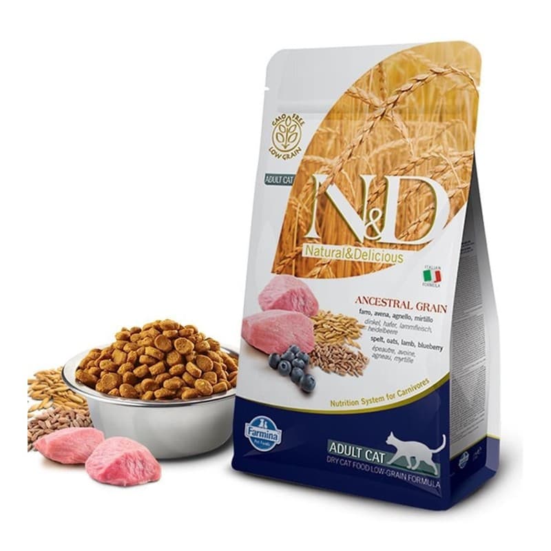 N&D Düşük Tahıllı Kuzu ve Yaban Mersini Kedi Maması paket görseli