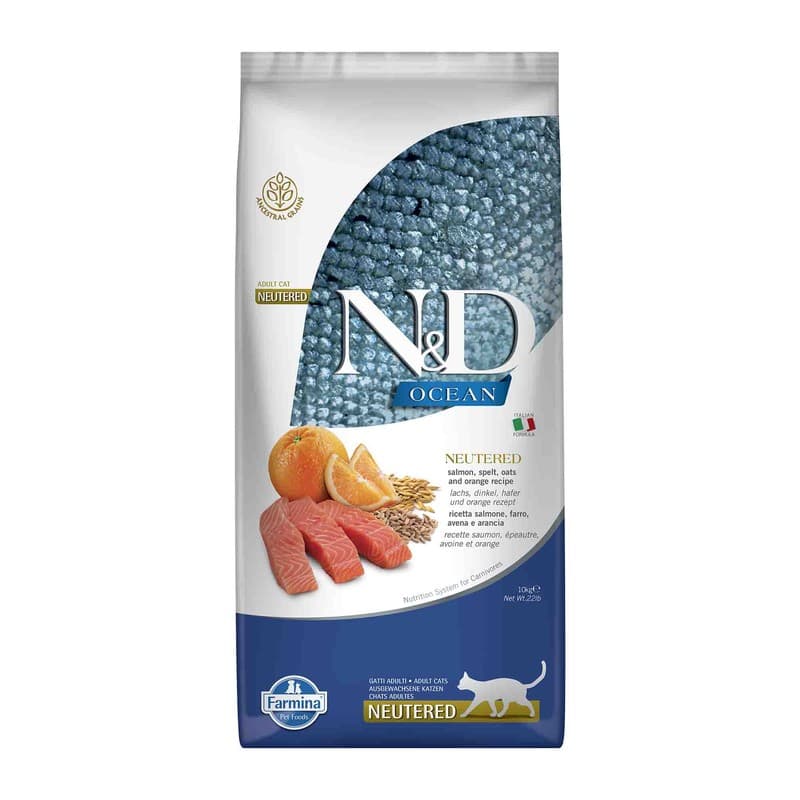 N&D Düşük Tahıllı Somon ve Portakal Kısırlaştırılmış Kedi Maması paket görseli