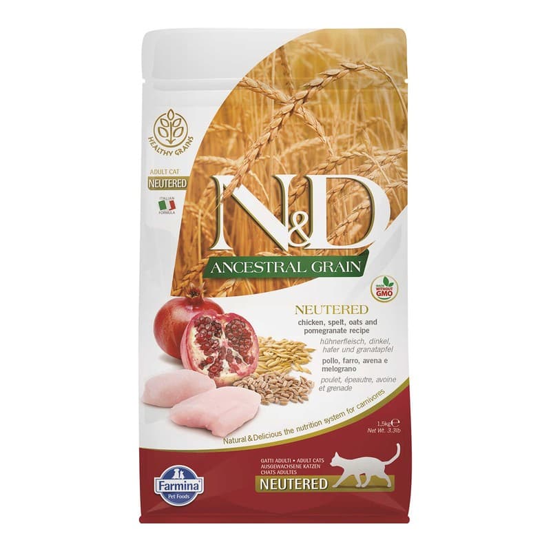 N&D Düşük Tahıllı Tavuk ve Nar Kısırlaştırılmış Kedi Maması paket görseli