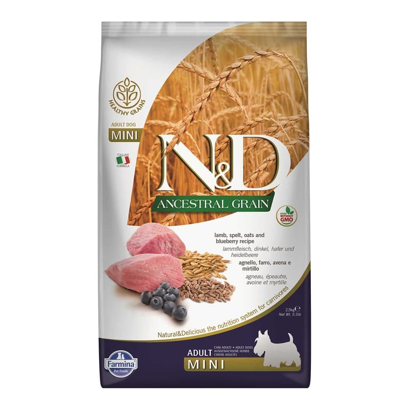 N&D Ancestral Grain Düşük Tahıllı Kuzu ve Yaban Mersinli Küçük Irk Yetişkin Köpek Maması paket görseli