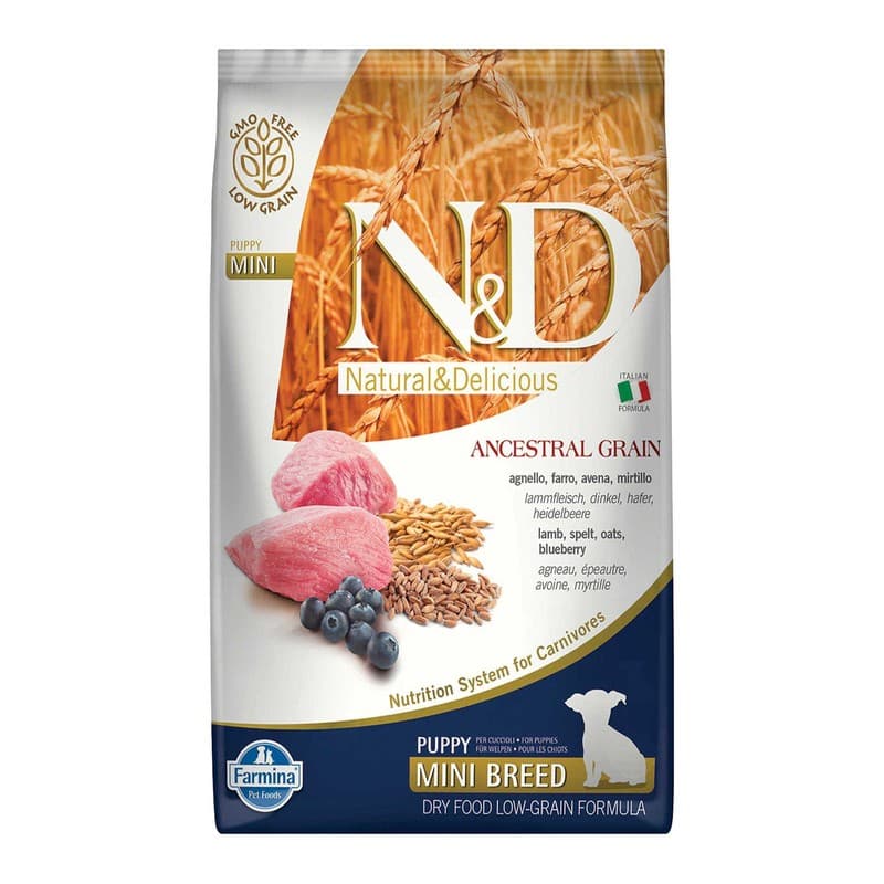 N&D Ancestral Grain Düşük Tahıllı Kuzu ve Yaban Mersinli Küçük Irk Yavru Köpek Maması paket görseli
