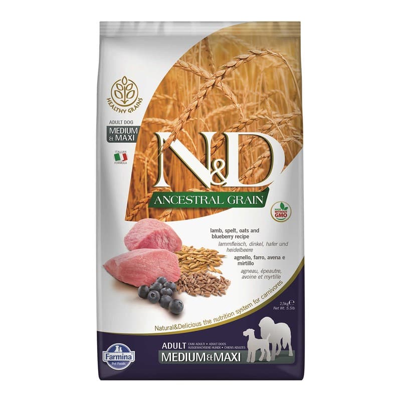 N&D Ancestral Grain Düşük Tahıllı Kuzu ve Yaban Mersinli Orta ve Büyük Irk Köpek Maması paket görseli