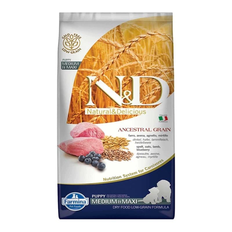 N&D Ancestral Grain Düşük Tahıllı Kuzu ve Yaban Mersinli Orta ve Büyük Irk Yavru Köpek Maması paket görseli