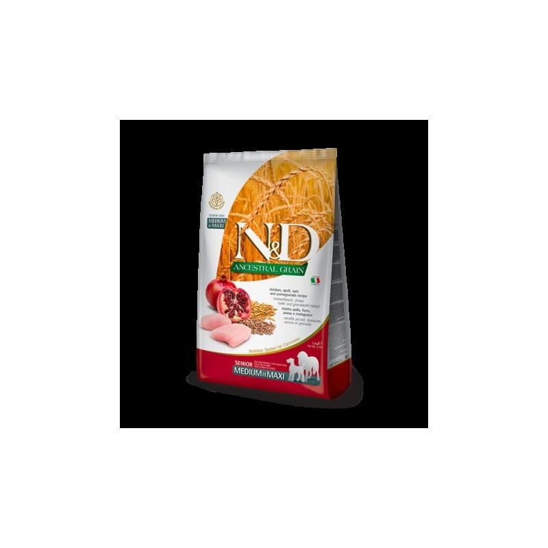 N&D Ancestral Grain Düşük Tahıllı Senior Tavuk ve Narlı Orta ve Büyük Irk Yaşlı Köpek Maması paket görseli