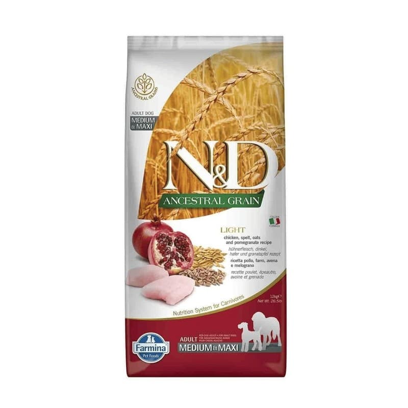 N&D Ancestral Grain Düşük Tahıllı Light Tavuk ve Narlı Orta ve Büyük Irk Köpek Maması paket görseli