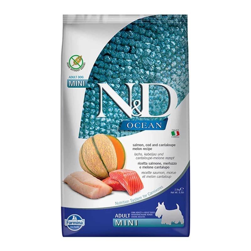 N&D Ocean Tahılsız Somon, Morina Balığı ve Kavun Küçük Irk Köpek Maması paket görseli