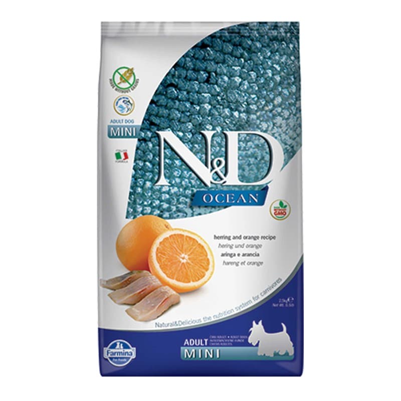 N&D Ocean Tahılsız Ringa Balığı ve Portakallı Küçük Irk Köpek Maması paket görseli