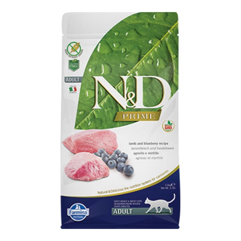 N&D Prime Tahılsız Kuzu ve Yaban Mersini Kedi Maması paket görseli