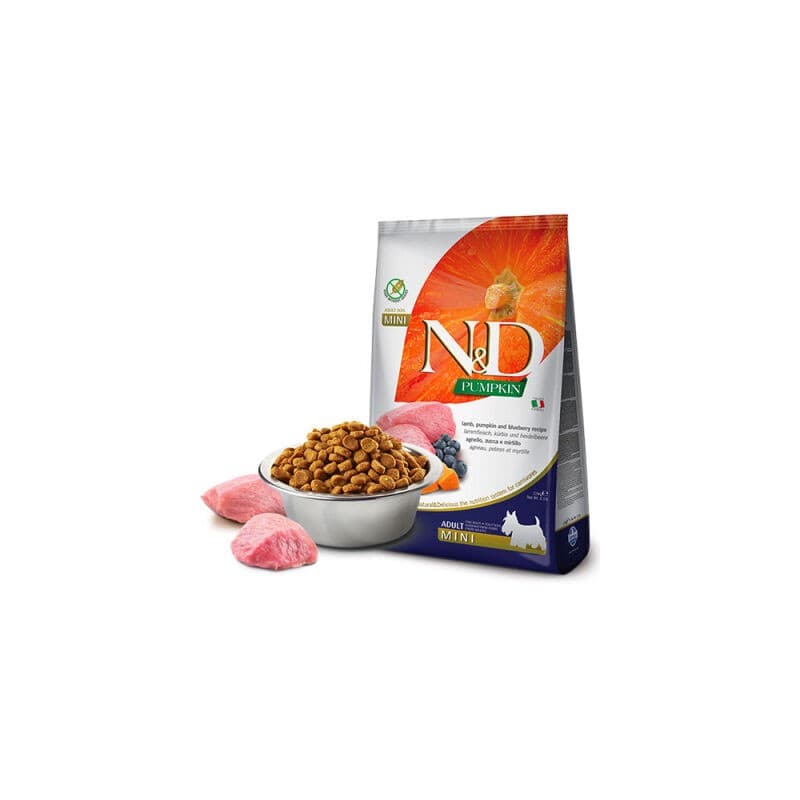 N&D Pumpkin Tahılsız Balkabaklı Kuzu ve Yaban Mersinli Küçük Irk Yetişkin Köpek Maması paket görseli