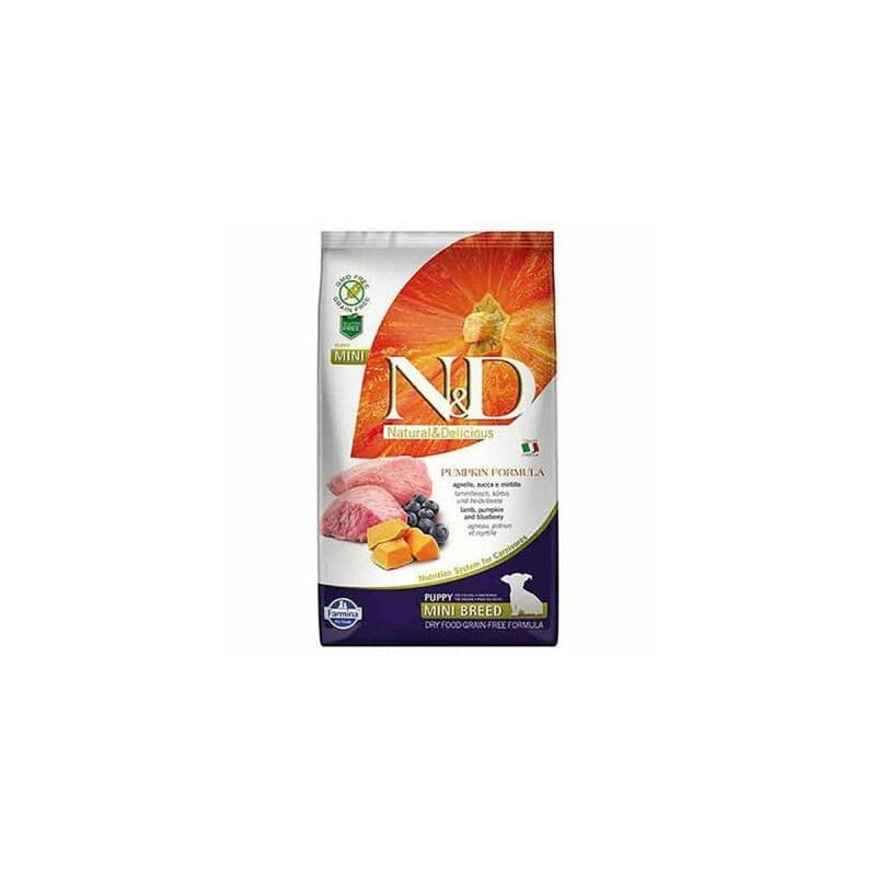 N&D Pumpkin Tahılsız Balkabaklı Kuzu ve Yaban Mersinli Küçük Irk Yavru Köpek Maması paket görseli