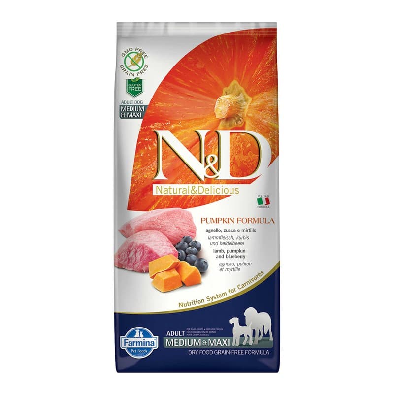 N&D Pumpkin Tahılsız Balkabaklı Kuzu ve Yaban Mersinli Orta ve Büyük Irk Yetişkin Köpek Maması paket görseli