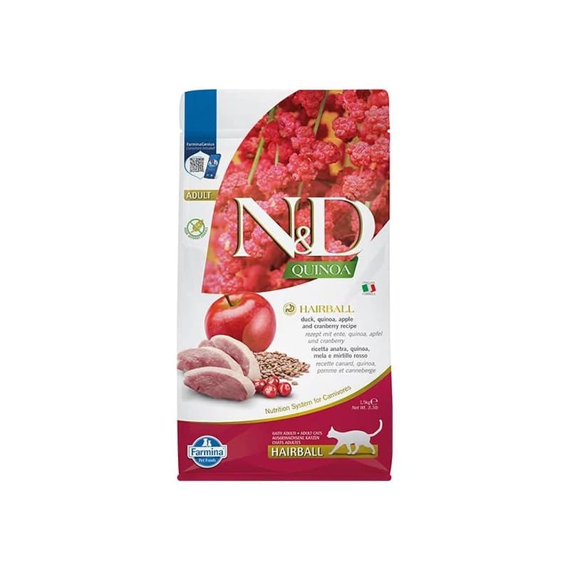 N&D Quinoa Hairball Ördek Etli, Kinoa, Elma ve Kızılcık Kedi Maması paket görseli