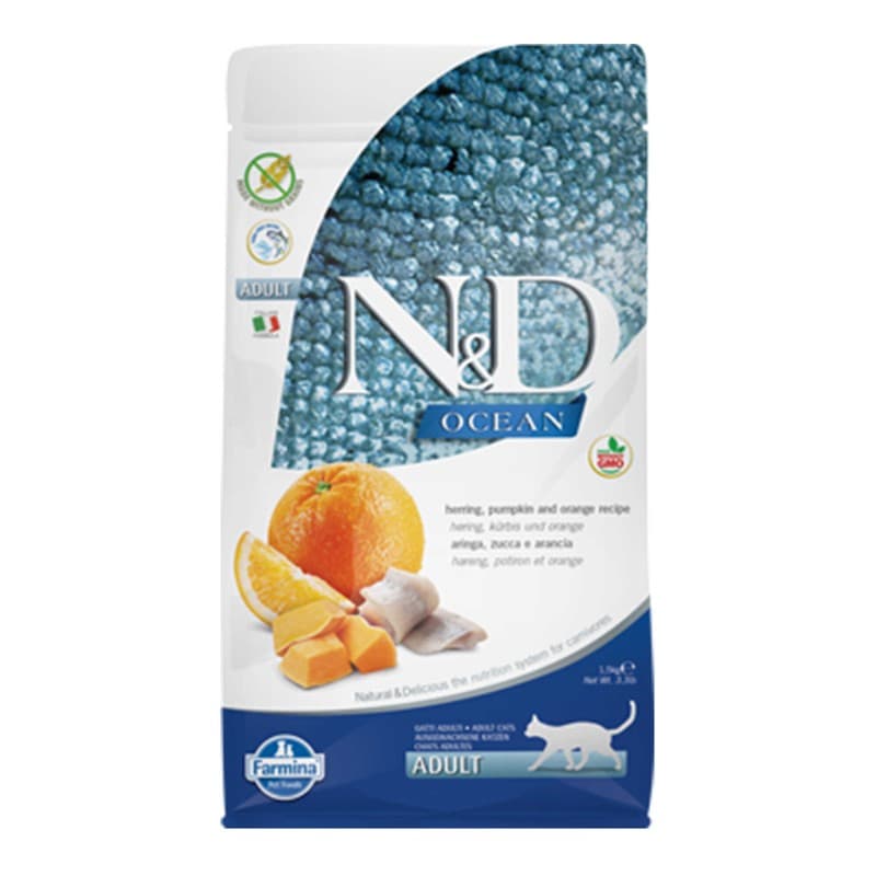 N&D Ocean Tahılsız Ringa Balığı, Balkabağı ve Portakal Kedi Maması paket görseli