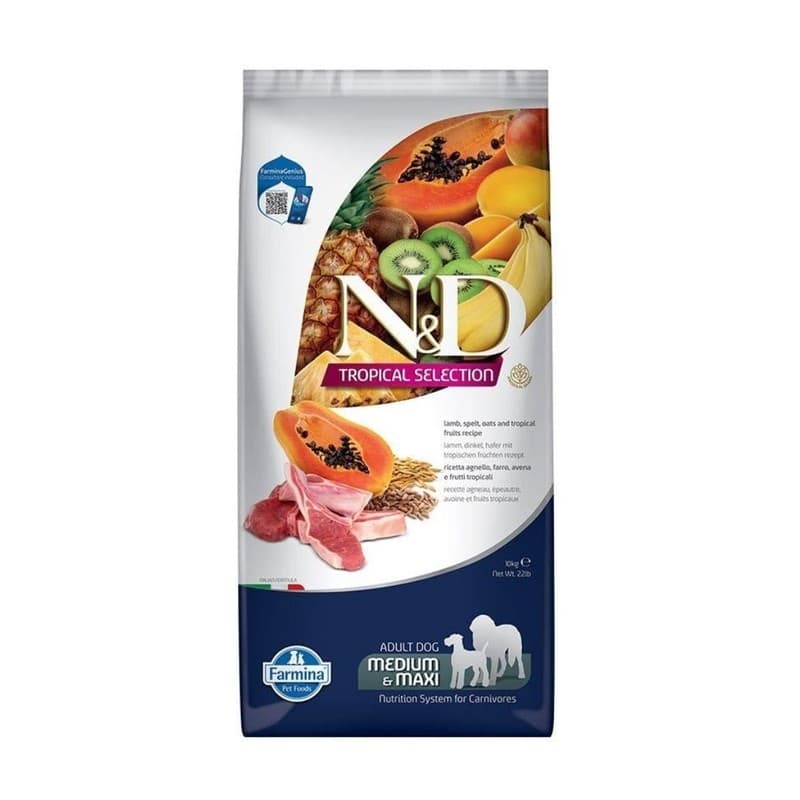 N&D Tropical Selection Kuzu ve Tropikal Meyveli Orta ve Büyük Irk Köpek Maması paket görseli