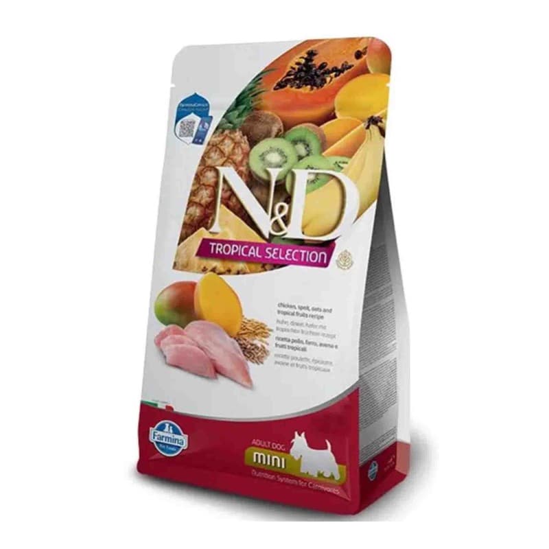 N&D Tropical Selection Tavuklu ve Tropikal Meyveli Mini Irk Köpek Maması paket görseli