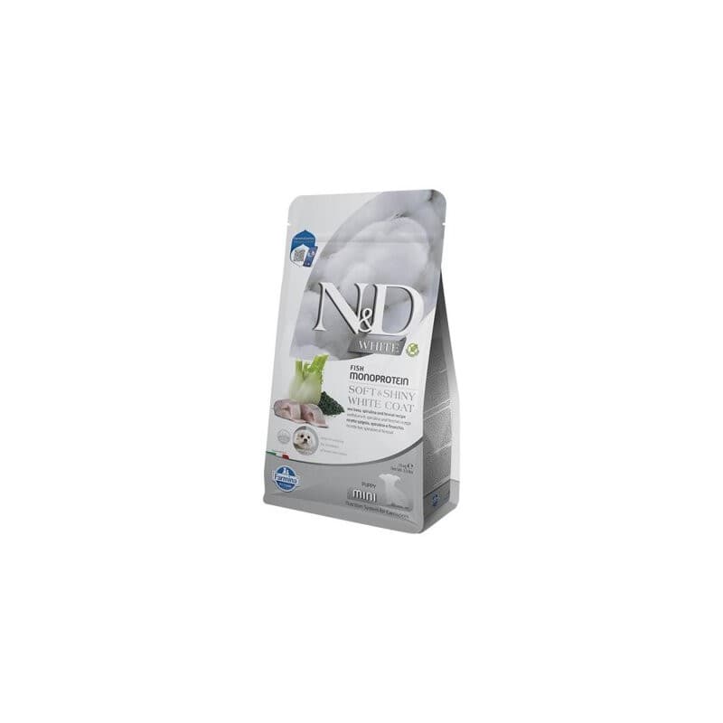 N&D White Levrek, Rezene ve Spirulinalı Küçük Irk Yavru Köpek Maması paket görseli